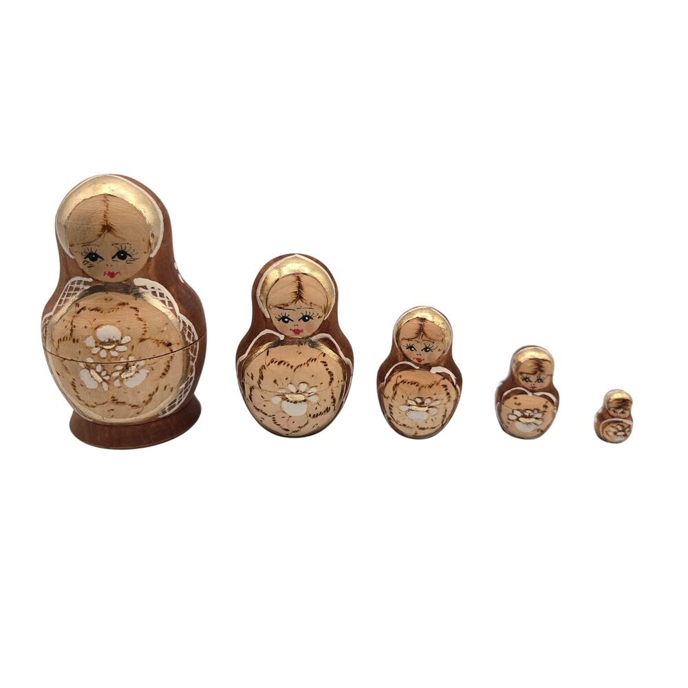 5 Piece Russian Nesting Doll Set w/Gold Accents Hand Painted hand carved wood